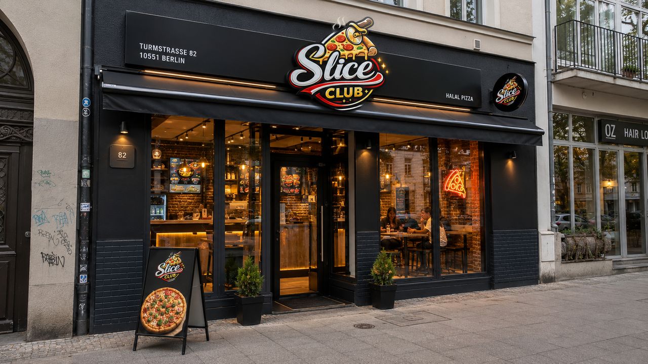 Der Slice Club in der Turmstraße 82 in Berlin-Moabit von außen, abends beleuchtet